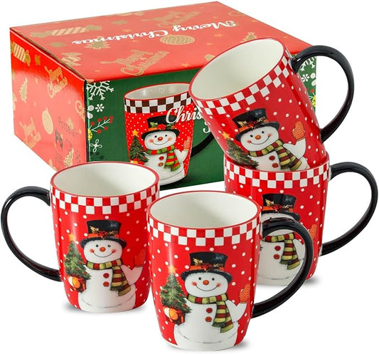 HASENSE Christmas Coffee Mugs Set of 4,15 oz Ceramic Holiday Cups with Handles, Matching Xmas Mugs for Hot Cocoa,Coffee or Tea,Ideal Xmas Gifts for Family,Friends,and Holiday Parties,Colorful