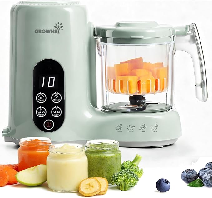 Grownsy Baby Food Maker with Steam Basket, One Step Baby Food Processor Steamer Puree Blender Grinder Mills Machine, Auto Cooking Grinding and Sterili-zing for Healthy Homemade Baby Food, Green