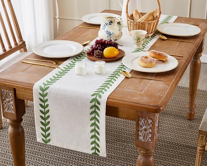 Wracra Embroidered Table Runner Irregular Willow Leaf Table Runners 60 Inches Long for Dresser Home Dining Table Decor,14 x 60 Inch, Green
