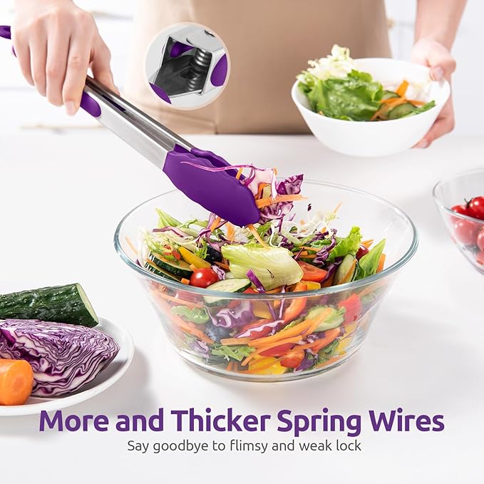 600쨘F Heat Resistant Kitchen Tongs: U-Taste 9+12 inch Silicone Cooking Tong Set with Firm Sealed Non Stick Rubber Tips and Silicon Coated 18/8 Stainless Steel Handle for Serving Grilling Salad(Purple)