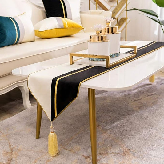 Avigers 12 x 78 Inch Decorative Luxury Black White Gold Leather Striped Patchwork Velvet Table Runners with Tassels for Home Living Room Bedroom Art Decor Wedding