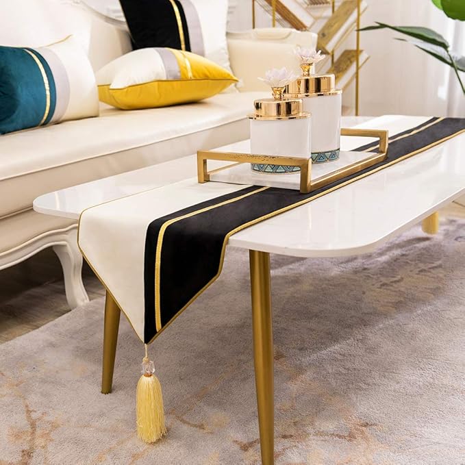Avigers 12 x 108 Inch Decorative Luxury Black White Gold Leather Striped Patchwork Velvet Table Runners with Tassels for Home Living Room Bedroom Art Decor Wedding
