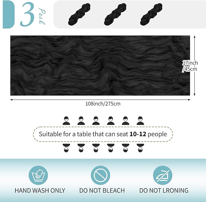 RealBox 3 Pack Black Cheesecloth Table Runner 17x108 Inch Semi Sheer Boho Gauze Cheese Cloth Fabric Table Runners Table Decor for Wedding Party Baby Shower Birthday Home Decor Garden Farmhouse