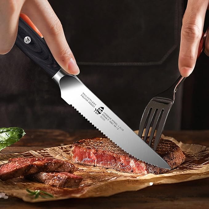 TUO Steak Knives - 4 Piece Steak Knife Set, Serrated Edge Steak Knives 5 inch Kitchen Knife - German High Carbon Stainless - Full Tang Pakkawood Handle - Falcon Series with Gift Box