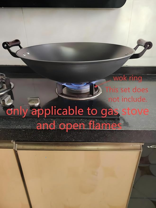 Chinese woks with a lid and a Spatula stir-fry pans deep fryer Cast Iron 18.11 Inches Round Bottom Pot Uncoated for Open Fire not easy to rust not easy to stick and durable for about 5-18 people