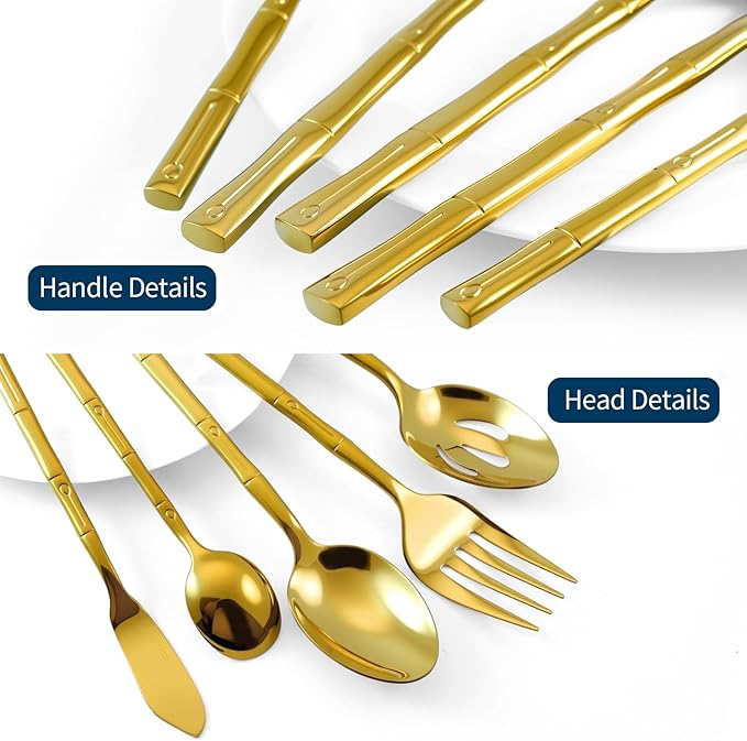 Silverware Serving Set 45-Piece Mirror Polishing Stainless Steel Gold Flatware Set Bamboo Pattern Cutlery Set Service for 8