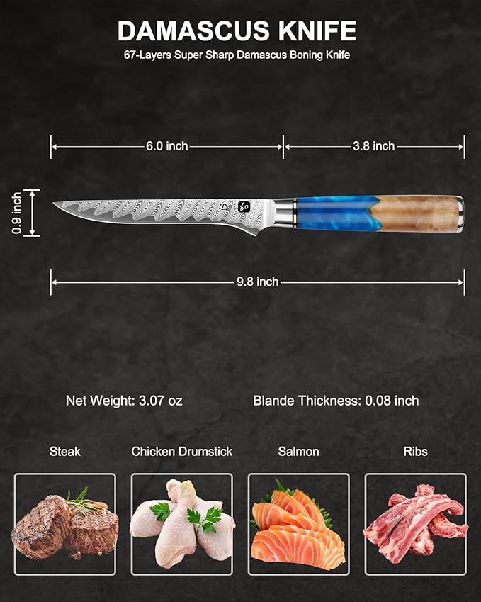 Damascus Boning Knife 6 Inch,VG10 Core Steel with 66-Layers High Carbon,Professional Boning Knives for Meat Poultry Chicken,Blue Resin & Wood Handle,Ideal Gift for Chefs and Cooking Lovers