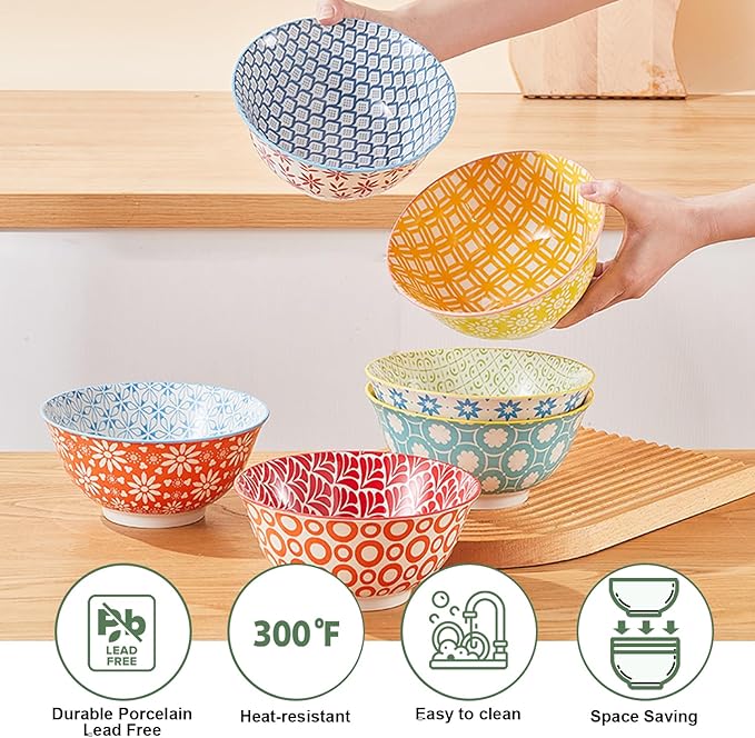 AntoKueh 23 OZ Colorful Large Ceramic Bowl Set of 6 6 inch Deep Porcelain Cereal Bowls for Salad, Soup, Snack and Rice竊똃ishwasher/Microwave safe