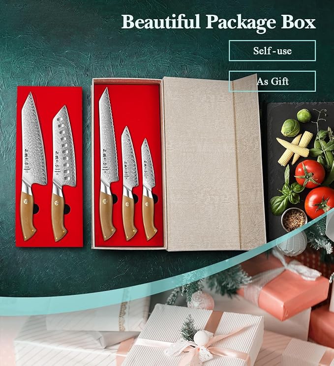 HEZHEN Chef Knife Set, 5 Pieces, 67 Layers Damascus Steel Kitchen Knife Set, ltra-sharp Blade, Professional Knife Sets for Chefs and Home Cooking, Linen Micarta Handle, Gift Packing