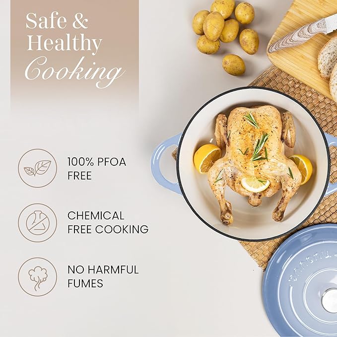 Nuovva Enamelled Cast Iron Dutch Oven Pot with Lid 6.4 Quart Non Stick Casserole Pot ??Heavy Duty & Oven Safe up to 500째 F for Bread Baking, Braising, Stews, Roasting ??28cm Costal Blue