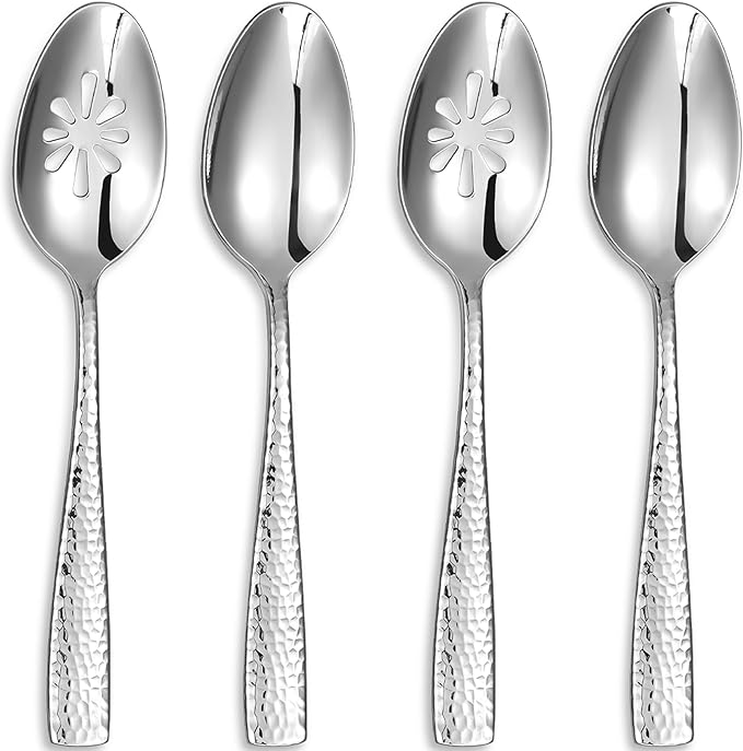 KEAWELL Premium Louis Hammered Serving Utensils, 18/10 Stainless Steel, Squared Edge Design, Mirror Finish, Dishwasher Safe (Serving Spoons and Slotted Spoons)