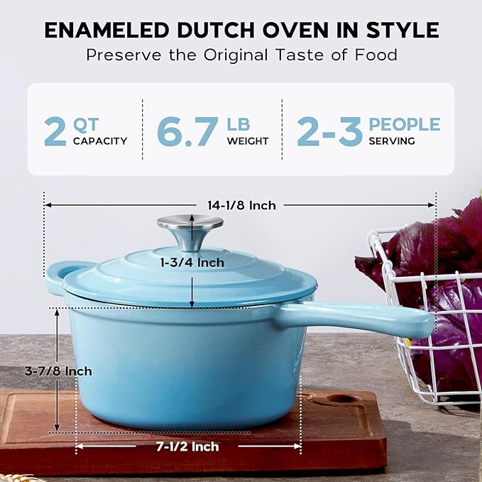 Onader 2 Quart Enameled Cast Iron Saucepan, Small Cast Iron Sauce Pan Pot for Cooking, Enamel Dutch Oven Kitchen Pot ??Lake Blue