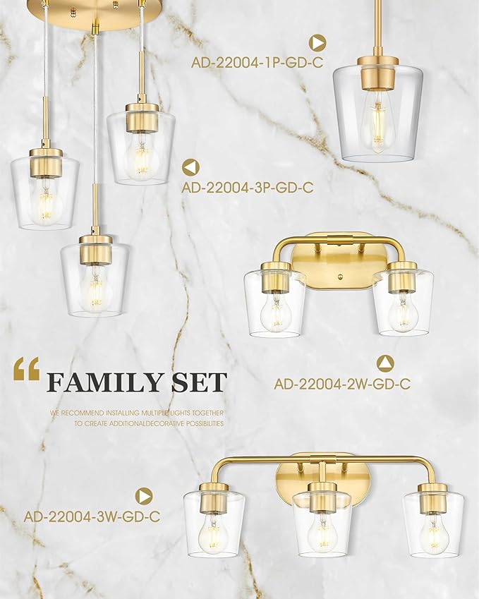Gold Pendant Lights Kitchen Island, 6" Hanging Lights Fixtures with Clear Glass Shade, Modern Brass Kitchen Pendant Lighting Over Island for Dining Room, AD-22004-1P-GD-C