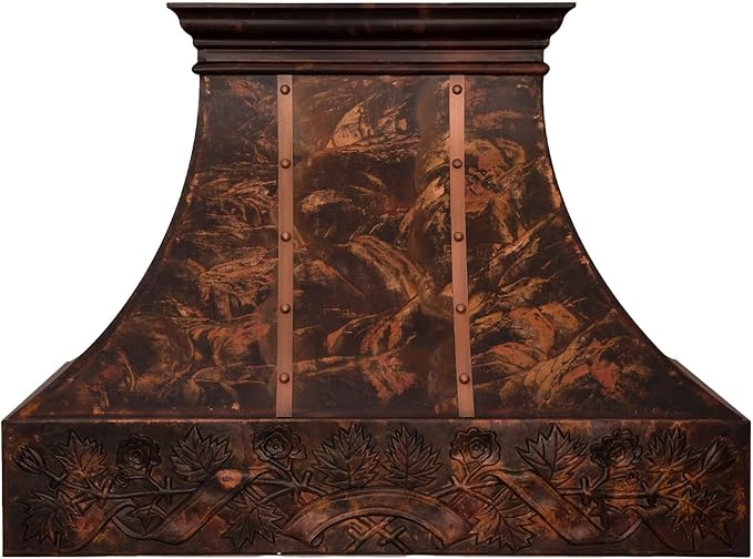 Custom Copper Range Hood Cover, Handmade Kitchen Hood with Powerful Range Hood Insert, Classic Stove Vent Hood with Straps & Rivets, 36"W x 30"H Island Mount,HCI20FC-363027B