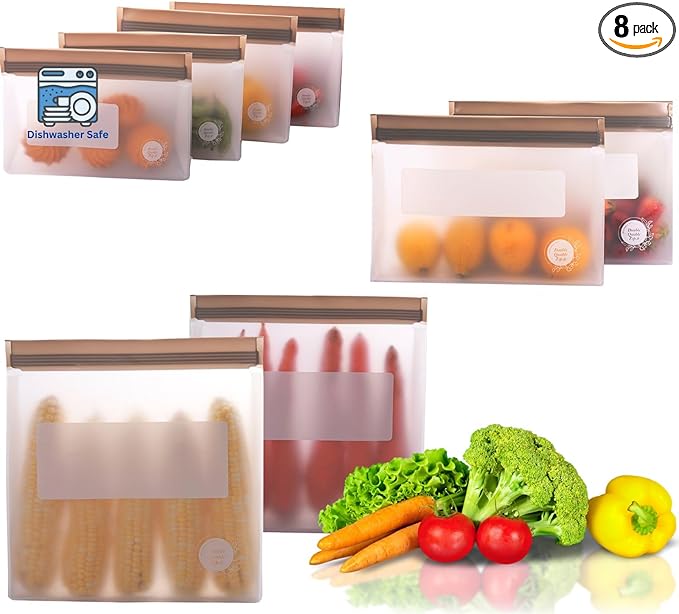Reusable Food Storage Bags 8-Pack ??BPA-Free Freezer & Dishwasher Safe, Leakproof Stand-Up Snack Bags 2 Gl + 2 L, 4 M??Eco-Friendly Airtight Ziplock Bags for Kitchen & Travel(Grey)