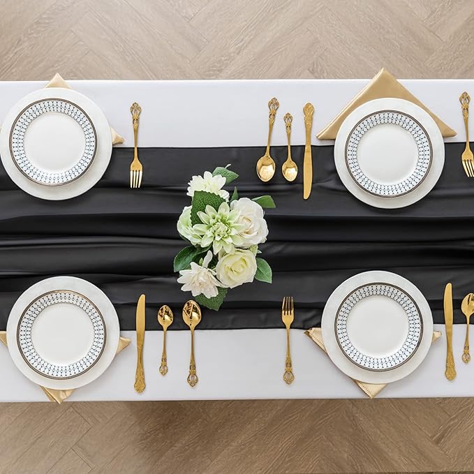 flohar 12Pack 9ft Chiffon Table Runner 14x108 Inch Sheer Romantic Table Runner for Wedding Birthday Party Bridal Shower Outdoor Decoration-Black