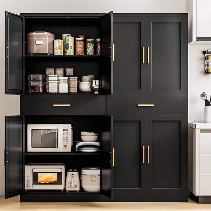 Kitchen Pantry Cabinet,71??Metal Tall Pantry Storage Cabinet with Doors 2 Adjustable Shelves and a Drawer,Kitchen Storage Cabinets Black Freestanding Food Cabinet for Pantries, Kitchen, Dining Room