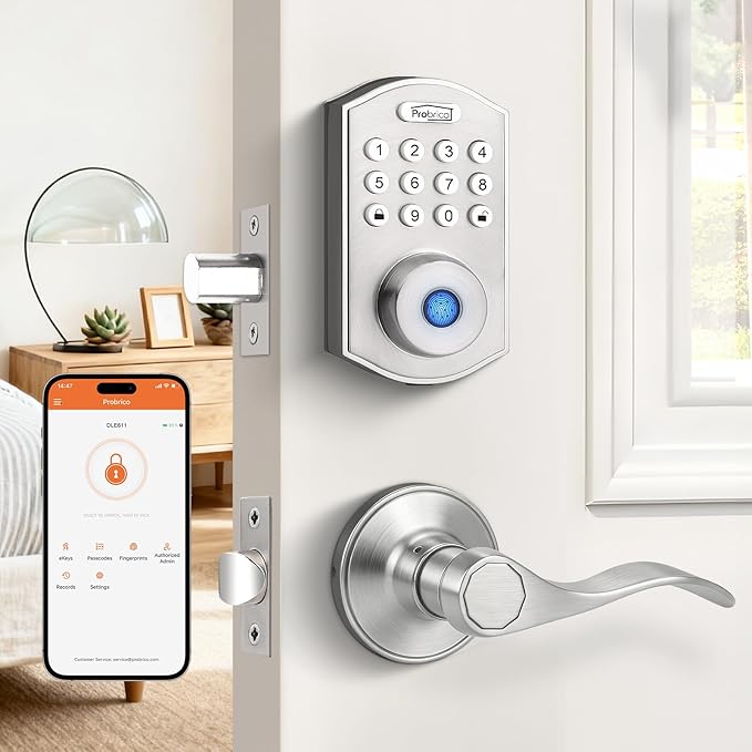 Probrico Smart Door Lock Satin Nickel Keyless Entry Door Lock, Keypad Door Lock with Handle Fingerprint Deadbolt Handle Set