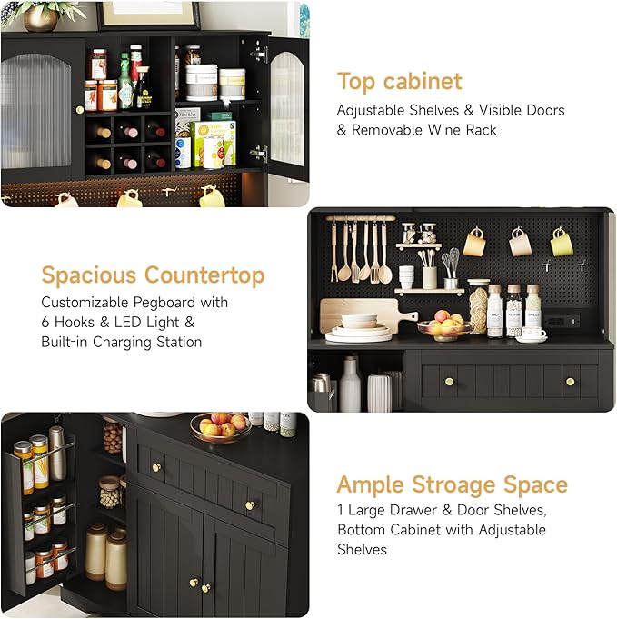 ONBRILL 71" Kitchen Pantry Cabinet with Microwave Shelf & Door Shelves, Kitchen Hutch with Outlet & LED Light, Wood Pantry Storage with DIY Pegboard & 6 Hook, Modern Cabinet with Drawer & Wine Rack