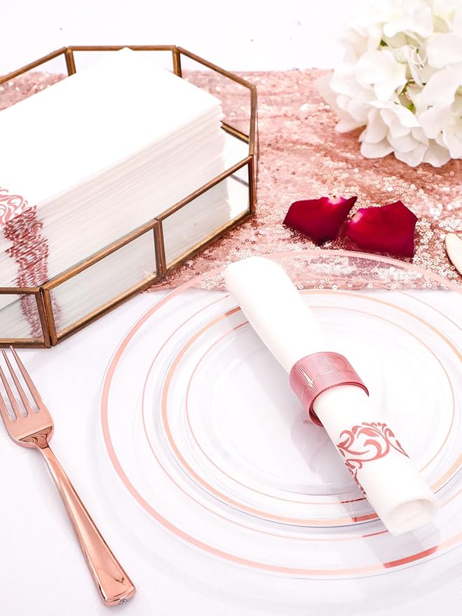 DaYammi 350Pcs Rose Gold Dinnerware Set Include: 50 Dinner Plates 10.25?쇺?50 Dessert Plates 7.5?쇺?50 Rose Gold Cutlery,50 Disposable Cups 9 OZ with 50 Napkins for Party