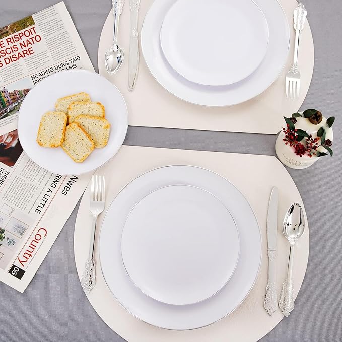 KIRE 200PCS Silver Plastic Plates - White Plastic Plates with Silver Rim Include 100 Dinner Plate and 100 for Dessert/Salad Plate for Birthday/Wedding/Party for Christmas