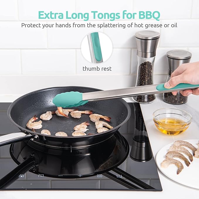 600쨘F Heat Resistant Kitchen Tongs: U-Taste 16 in Extra Long Large Silicone Cooking Tong with Sturdy Non Stick Rubber Tips & Non Slip Silicon Coated 18/8 Stainless Steel Handle for Grill BBQ(Aqua Sky)