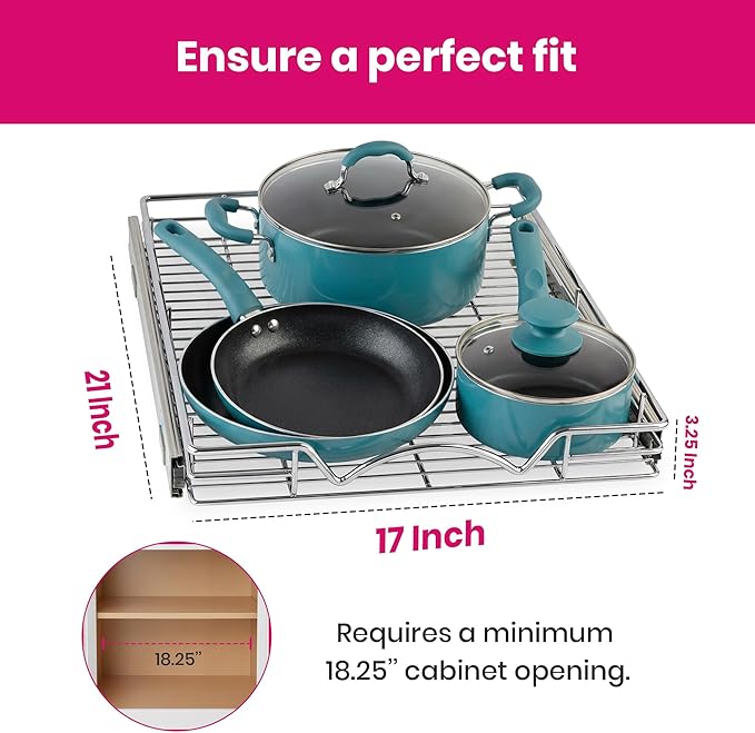 HOLDN??STORAGE Pull Out Cabinet Organizer, Heavy Duty Caddy w/Lifetime Limited Warranty -17?쓂 x 21?쒭 - Requires At Least 18-1/4??Cabinet Opening, Steel Metal Cabinet Drawers Slide Out, Chrome