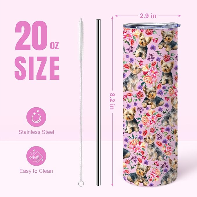 Yogusut Yorkie Gifts for Women, 20oz Stainless Steel Insulated Tumbler Travel Mug Cup with Lid Straw Brush, Gifts for Dog Mom Dog Lover