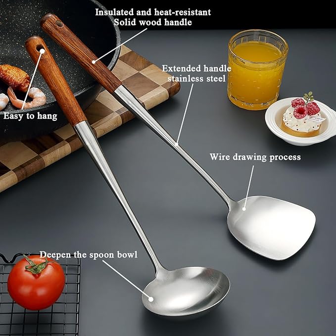 17??Wok Spatula & Ladle Set, Stainless Steel Wok Tools with Wooden Handle, Heat-Resistant Chinese Turner & Deep Soup Ladle, 2-Piece Wok Utensils for Stir-Fry, Wok Accessories