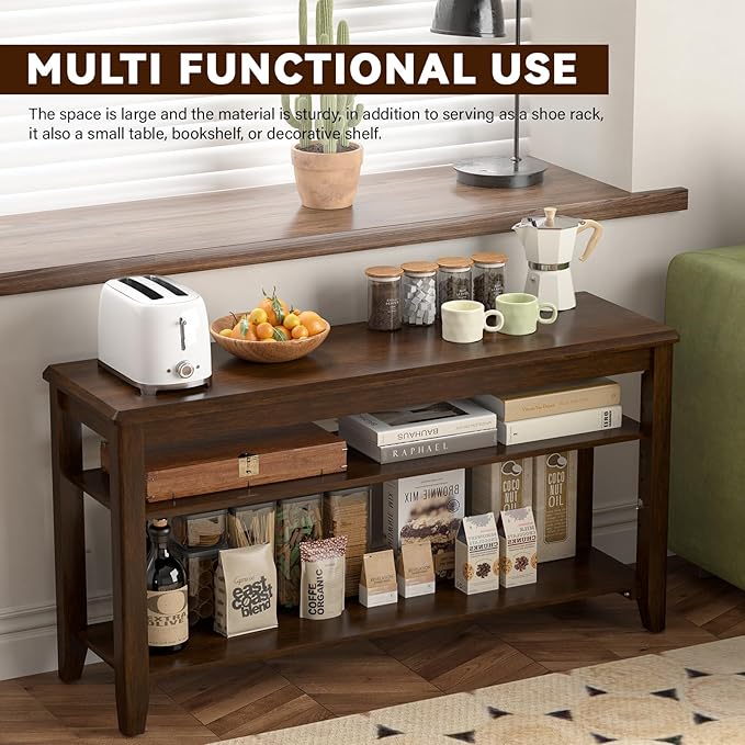 Taitiy Shoe Bench Storage Rubberwood, Entryway Bench with 3-Tiers Height Adjustable, Shoe Rack Front Door Entrance Organizer for Hallway Living Room, Mudrooms, Walnut,23.6"