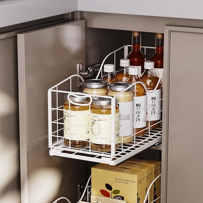 Pull out Narrow Cabinet Organizer,Carbon Steel Pull Out Drawer,Fixed Heavy Duty Kitchen Cabinet Slide Out Shelves for Storing and Organizing Bathrooms, Kitchens, Bedroom (White, Deep 16.7")