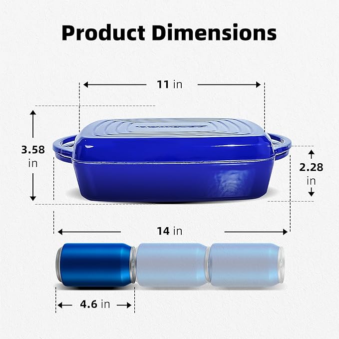 2-in-1 Square Enameled Cast Iron Dutch Oven 7QT Baking Pan and Gridle Lid with Dual Handles, Cast Iron Skillet lid, Coating Gridle for Baking, Braising and Grilling - Blue