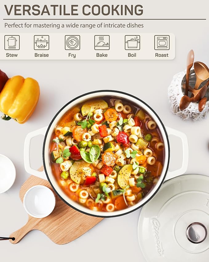 Enameled Cast Iron Dutch Oven ??4.4 Quart Pot with Lid & Potholders ??Heavy-Duty Cookware for Bread Baking, Braising, Stews & Roasting ??Oven & Stovetop Safe up to 500째F ??Off White