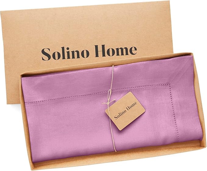 Solino Home Linen Tablecloth 52 x 52 Inch - 100% Pure Linen Violet Square Tablecloth - Classic Hemstitch, Machine Washable Table Throw for Valentines, Spring, Easter
