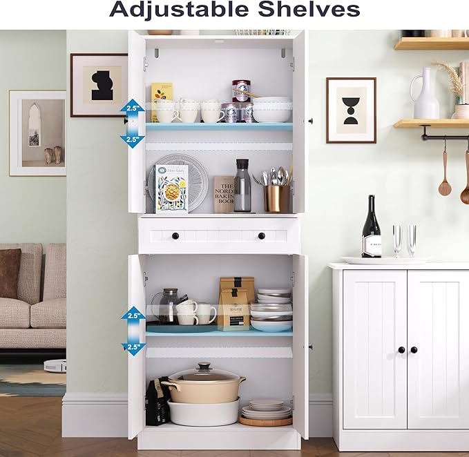 Kitchen Pantry Storage Cabinet, 71" H Farmhouse Pantry Cabinet with 4 Doors & Drawer, Freestanding Cupboard with Adjustable Shelves, Rustic Wood Cupboard for Kitchen, Dining Room, White
