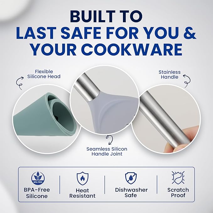 5-Piece Silicone Kitchen Utensils Set Non Toxic, Heat-Resistant & Non-Stick with Stainless Steel Handles, BPA-Free Silicone Cooking Utensils, Slotted Turner, Solid Spoon, Pasta Server, Dishwasher Safe