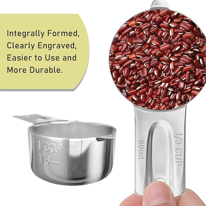 BERYLER 2PCS 1/3Cup (80ml, 2.7oz) Single Measuring Cup, Stainless Steel Measure Scoop, Metric and US Measurement, Dishwasher Safe