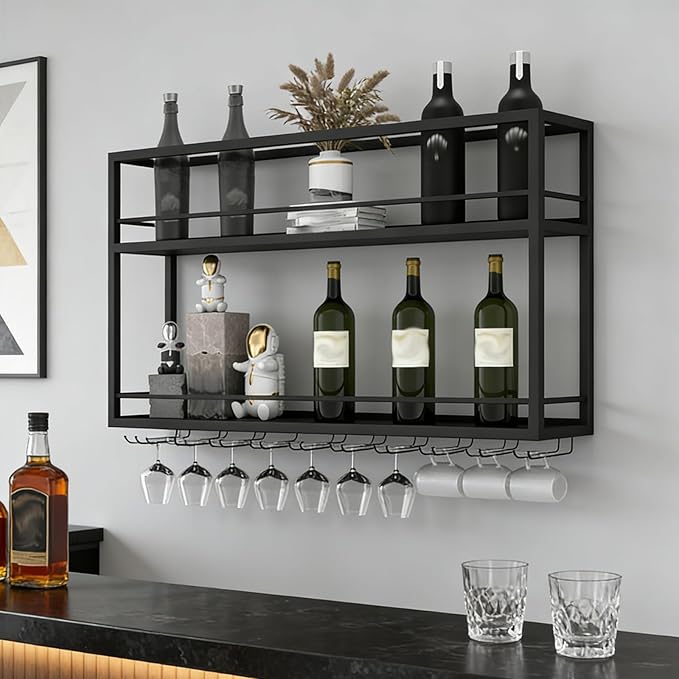Industrial Wall Mounted Wine Rack, 2-Tier Wood Wine Bottle Shelf with Stemware Rack, Black Wine Glass Rack Multi Functional Wine Storage Display Rack for Home Bar Dining Room Kitchen (39.3횞7.8횞26in)