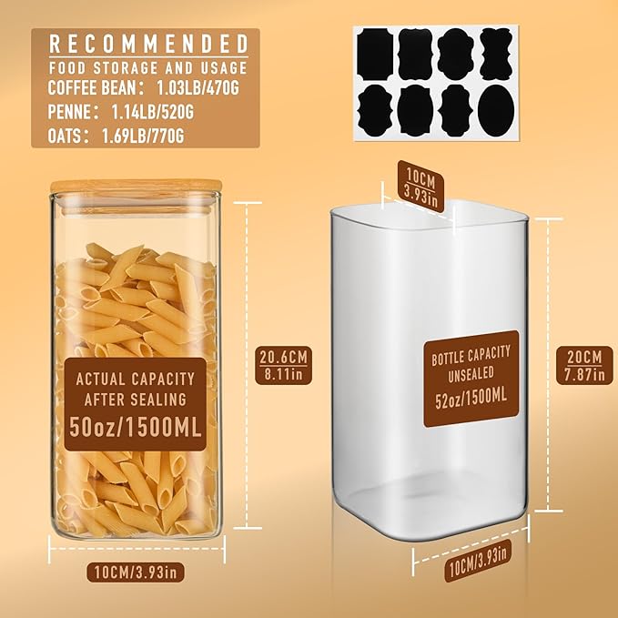 52oz Airtight Glass Square Storage Canister with Bamboo Lid Set of 3 (1550ml) Container Stackable Spice Jar, Kitchen Canister for Flour, Cookies, Cereal and Coffee beans (?럚ith Black Lable)
