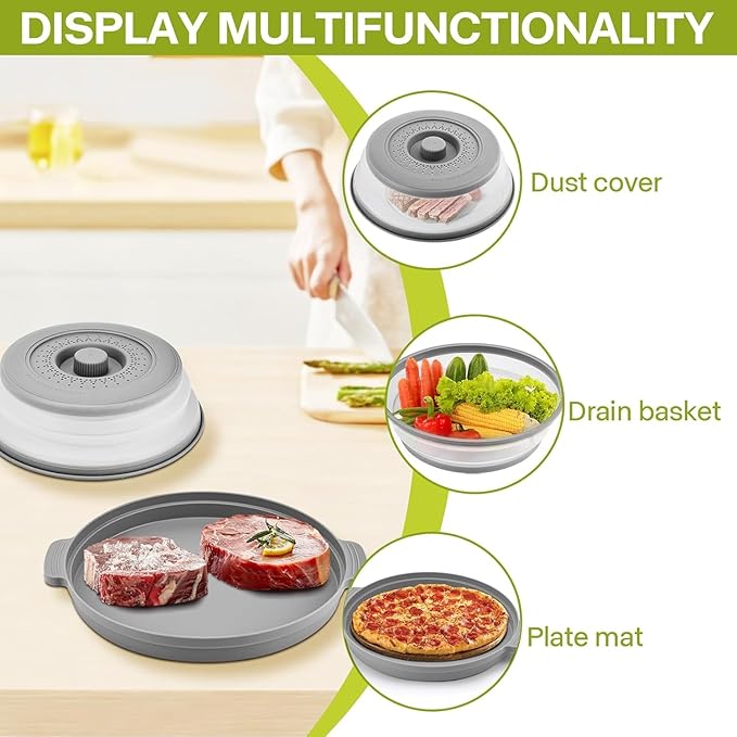 Microwave Splatter Cover for Food with Anti-scald Base Plate,Large Plastic & Silicone Vented Avoid Scalding Collapsible Guard Lid, Plate & Kitchen Colander for Meal Prep-10.7 Inch (2pcs-Gray-Black)