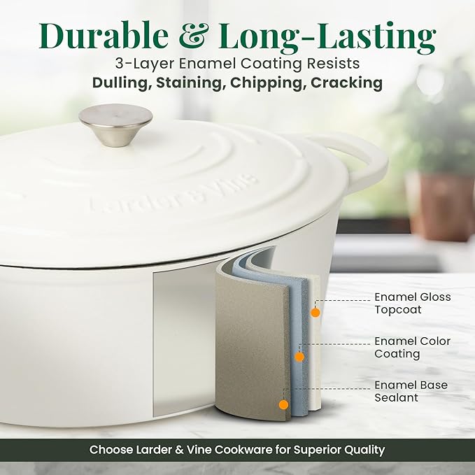 Larder & Vine Enameled Cast Iron 8 qt Dutch Oven Pot with Lid | Bread Baking | Compatible on All Cooktops & Oven Safe to 500째 F | Great for Sourdough Bread | White