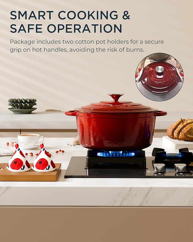 Enameled Cast Iron Dutch Oven - 6QT Pot with Lid & Cotton Potholders - Heavy-Duty Cookware for Braising, Stews, Roasting, Bread Baking, Oven Safe up to 500째F & Suitable for All Cooktops, Cherry Red