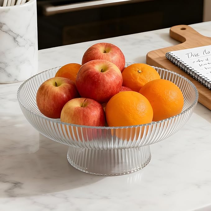 Large Glass Fruit Bowl for Kitchen Counter Decorative Centerpiece Bowl for Table Home D챕co, Clear Ribbed