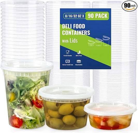 90 Sets Plastic Deli Containers With Lids, Assorted Sizes (8 oz 16oz 32oz) Variety pack, Airtight Food Storage Containers, Freezer/Dishwasher/Microwave Safe, Soup Containers For Takeout Food Storage