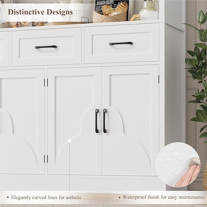 HITHOS 76" Tall Kitchen Pantry Storage Cabinet, 55??Wide Kitchen Hutch Cabinet with Storage Drawers, Large Food Pantry with Microwave Stand, Modern Cupboard with Hutch for Dining Living Room, White