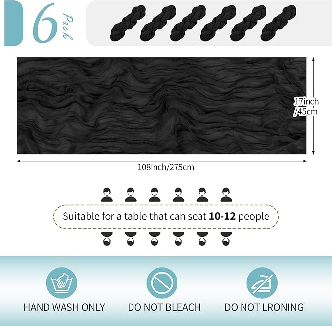 RealBox 6 Pack Black Cheesecloth Table Runner 17x108 Inch Semi Sheer Boho Gauze Cheese Cloth Fabric Table Runners Table Decor for Wedding Party Baby Shower Birthday Home Decor Garden Farmhouse