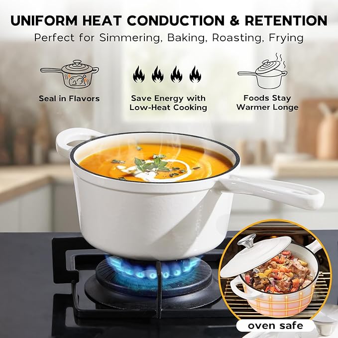 Onader 1QT Sauce Pan, Enameled Cast Iron Saucepan Dutch Oven Pot with Lid, Small Cooking Sauce Pot, Nonstick & Oven Safe ??White