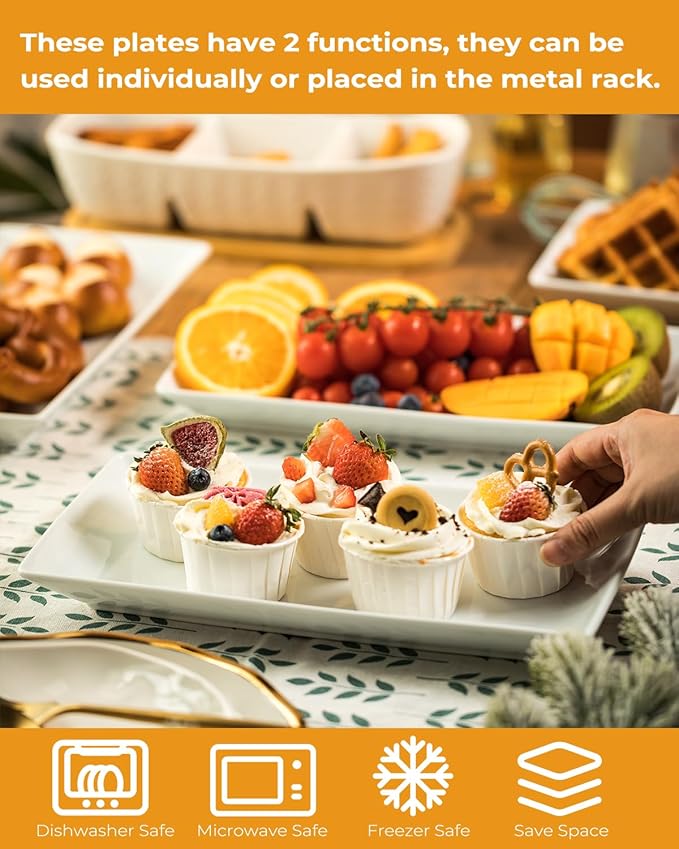 LAUCHUH 3 Tier Serving Tray for Party, Porcelain Tiered Serving Tray Stand Collapsible Sturdier Metal Rack Fruit Tray with 2 Cross Bars for Serving Fruit Dessert Party Display Set, 12 Inch, Bronze