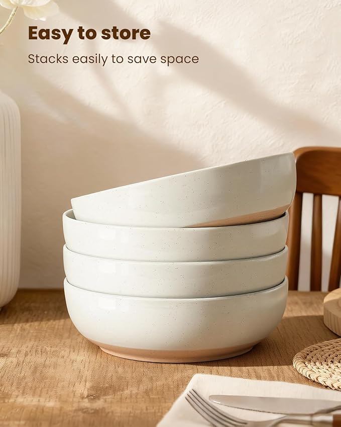 Pasta Bowls Set of 4, 34oz Speckled Ceramic Bowls Set for Serving Salad, Pasta, Soup, Dinner, 8" Wide and Deep Bowls, Dishwasher & Microwave Safe, Matte Terracotta Base (Warm White)