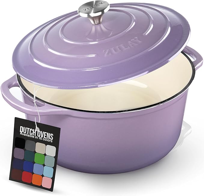 Zulay Kitchen 6 Quart Enameled Cast Iron Dutch Oven Pot with Lid ??Premium Durability & Oven Safe up to 500째F ??Heavy Duty Cookware Perfect for Bread Baking, Stews, Braising & Roasting ??Lavender Jade